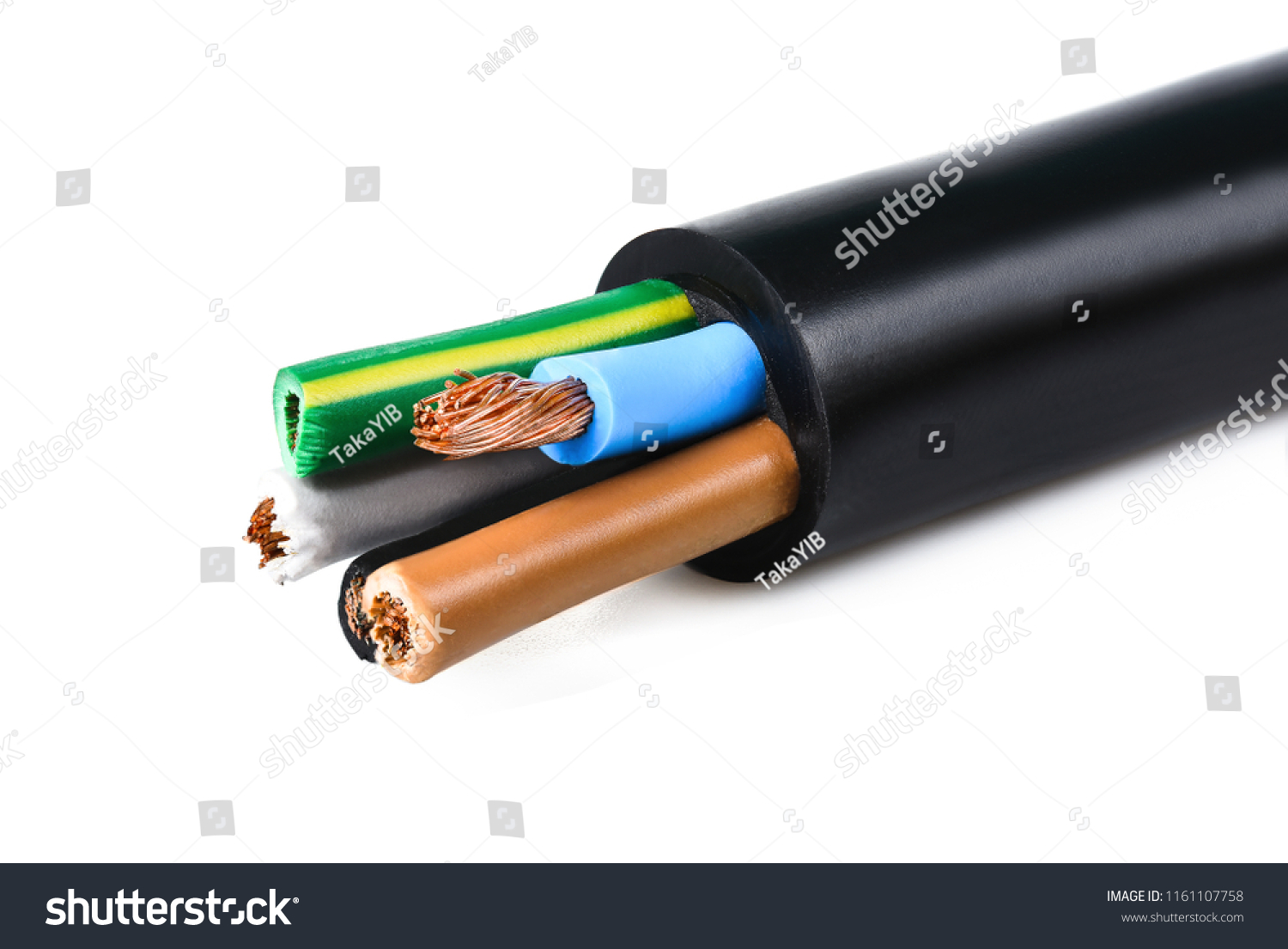Electrical power cable on white background. Copper wire is the electric conductor of urban society. #1161107758