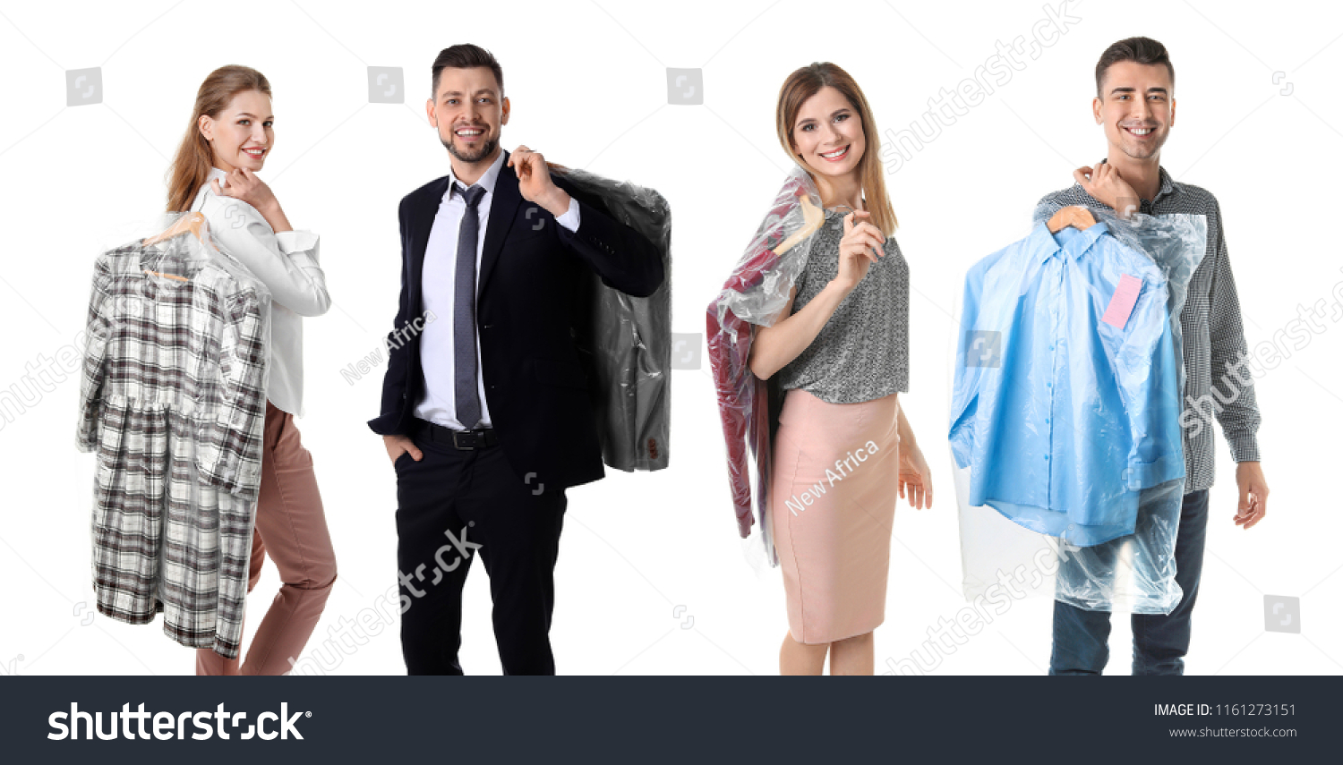 Set with people and clothes in plastic bags on white background. Dry-cleaning service #1161273151