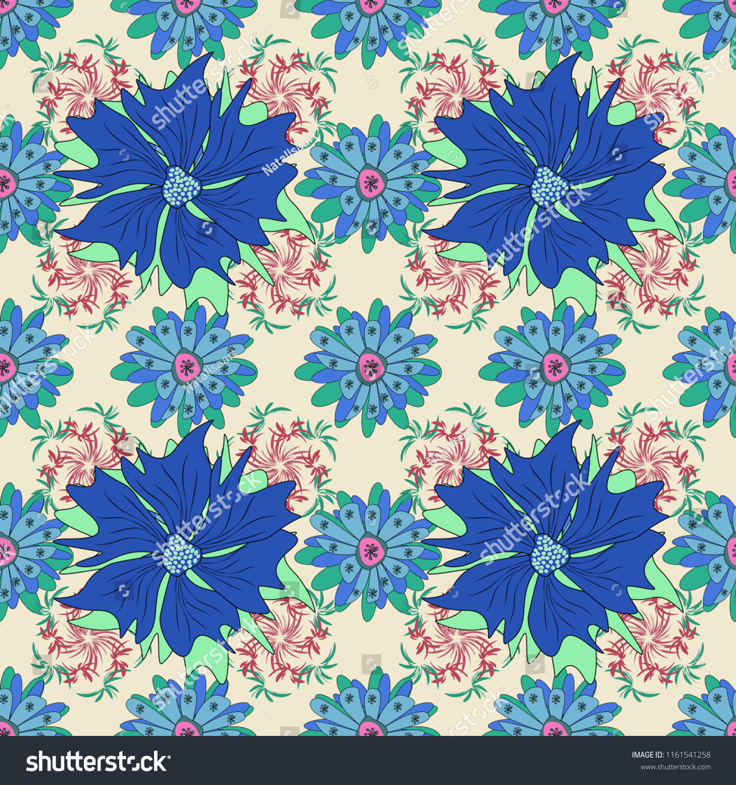 Vintage pro-vance style in green, blue and beige colors. Flower seamless pattern with assorted plants. #1161541258