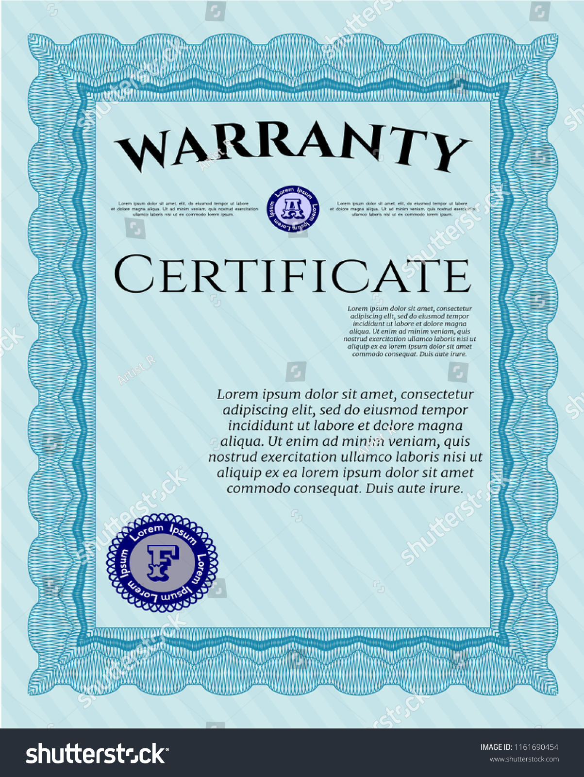 Light blue Formal Warranty Certificate template. - Royalty Free Stock ...