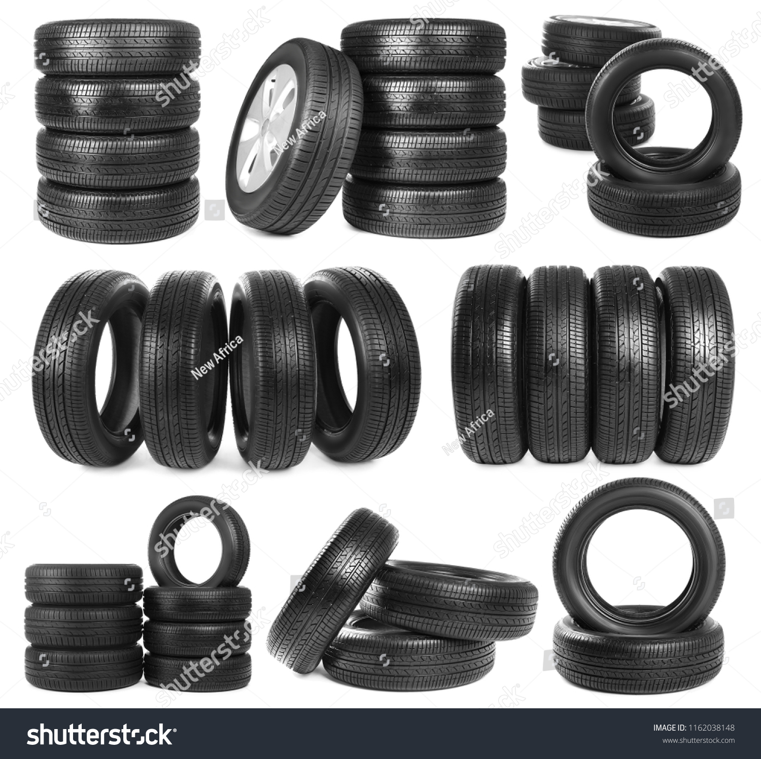 Set with car tires on white background #1162038148
