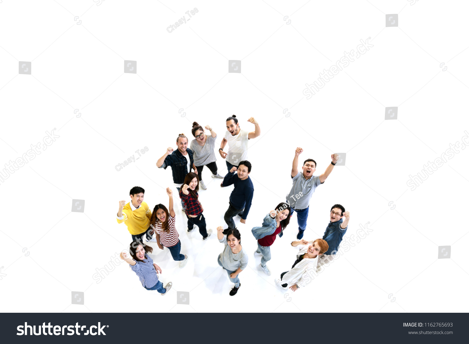 Group of Diversity People Team looking at camera with isolated white floor background. Creative teamwork feeling happy, enjoy and engage with achievement project with overhead aerial view concept. #1162765693
