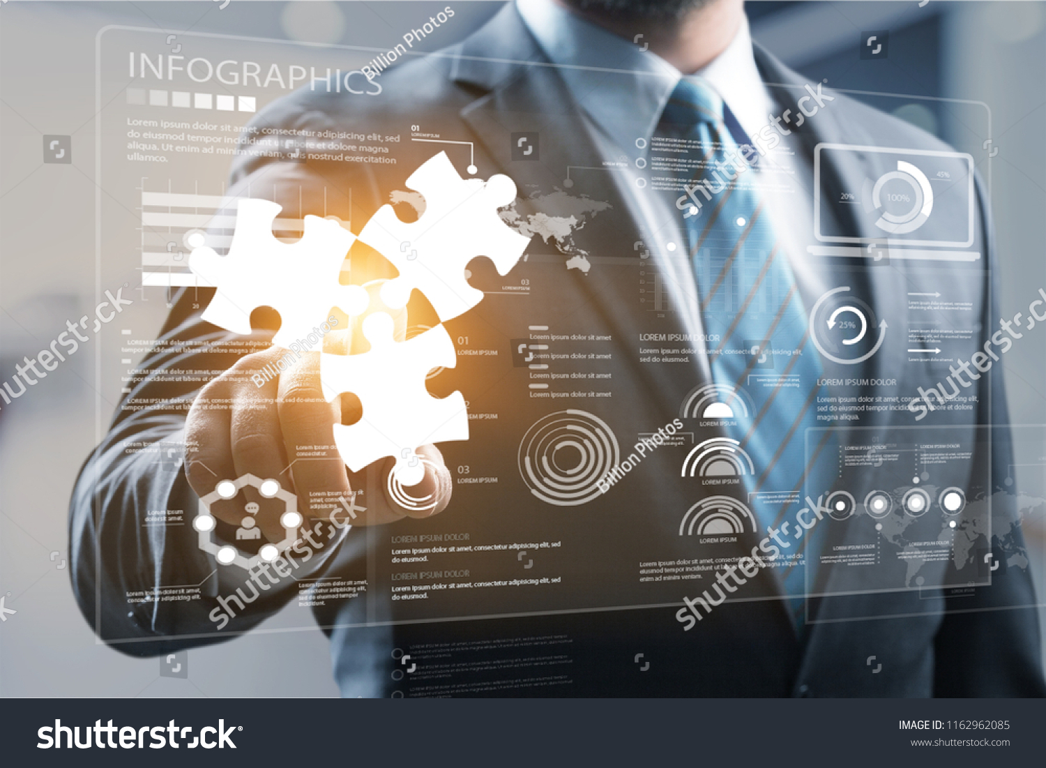 Mergers and acquisition concept with consultant touching icons of puzzle pieces representing the merging of two companies or joint venture, partnership #1162962085