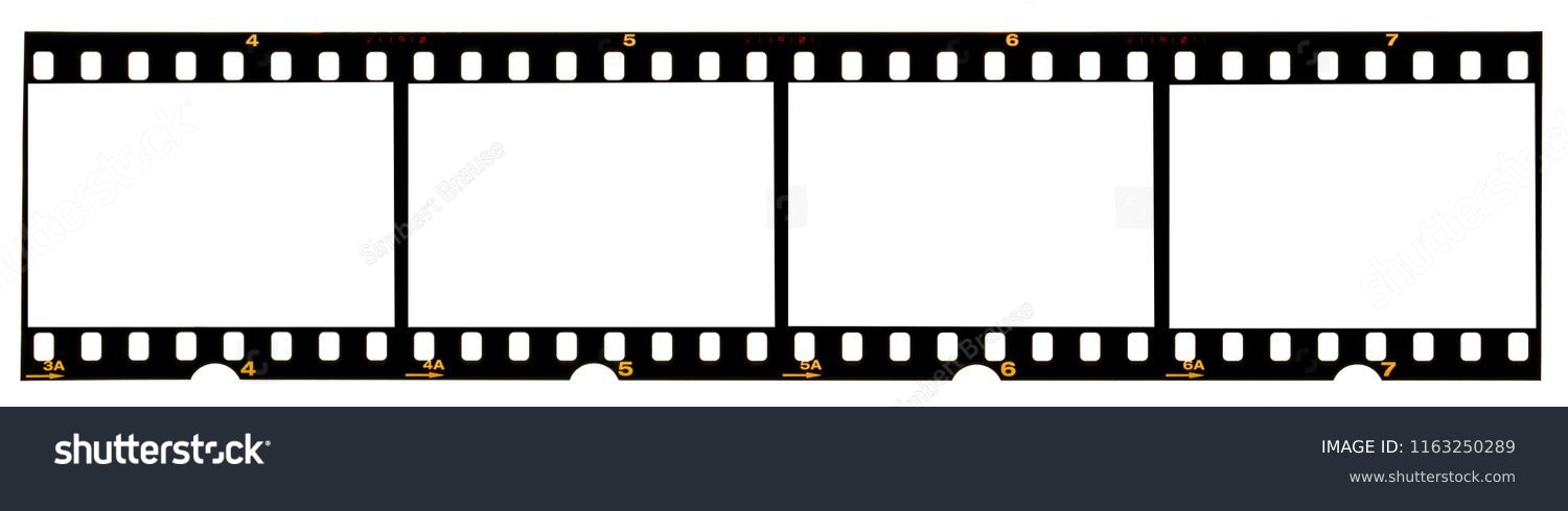 long film strip, blank photo frames, free space for your pictures, real high-res 35mm film strip scan with signs of usage on white background #1163250289