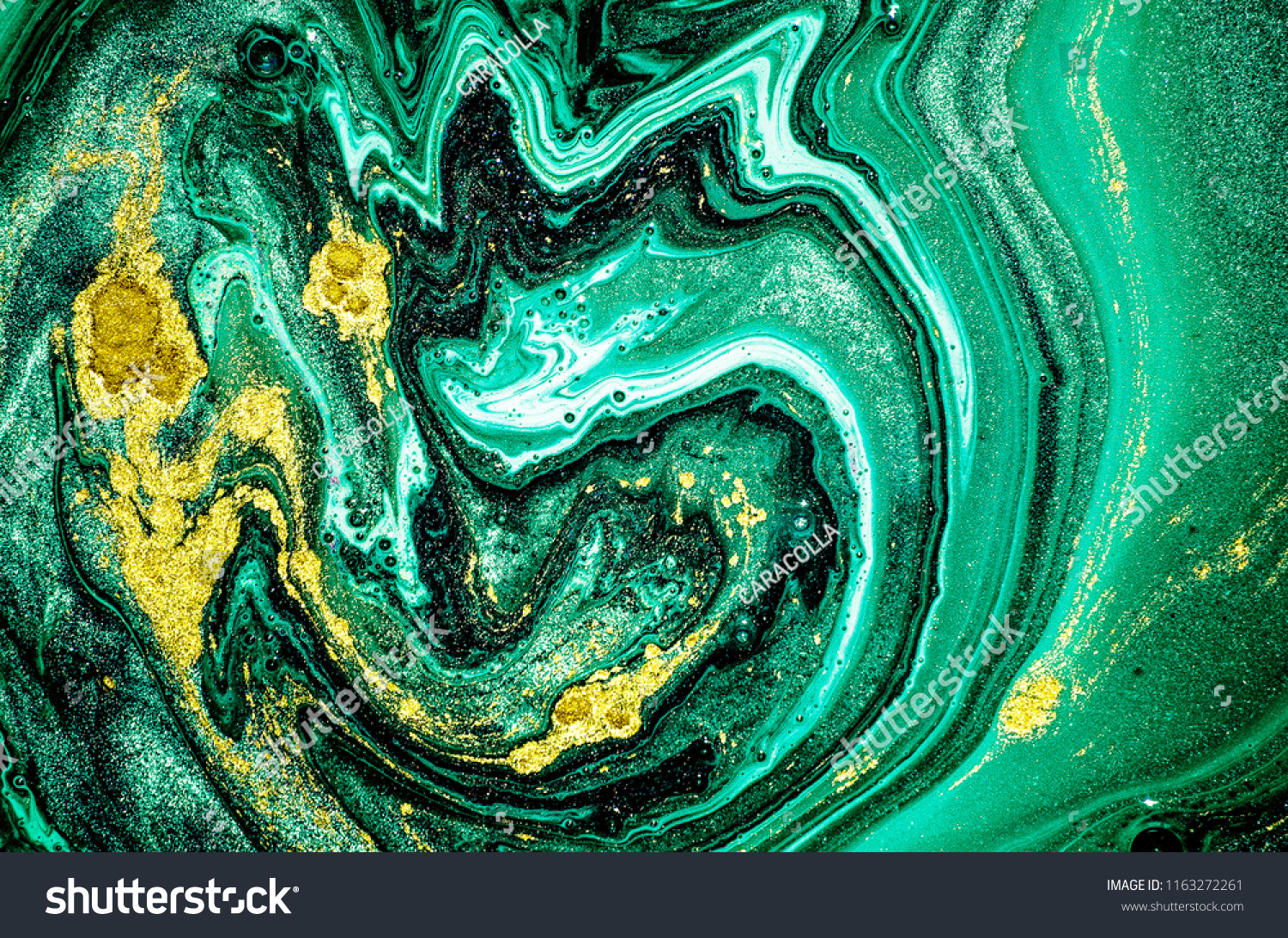 Trendy nature marble pattern. Abstract green ART. Natural Luxury. Style incorporates the swirls of marble or the ripples of agate. Very beautiful GREEN paint with the addition of gold powder. #1163272261