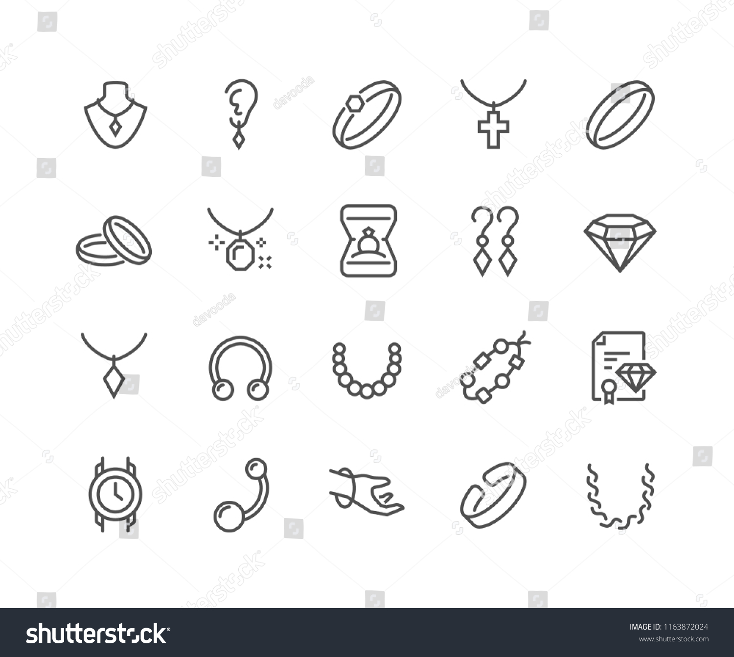 Simple Set of Jewelry Related Vector Line Icons. Contains such Icons as Earrings, Body Cross, Engagement Ring and more. Editable Stroke. 48x48 Pixel Perfect. #1163872024