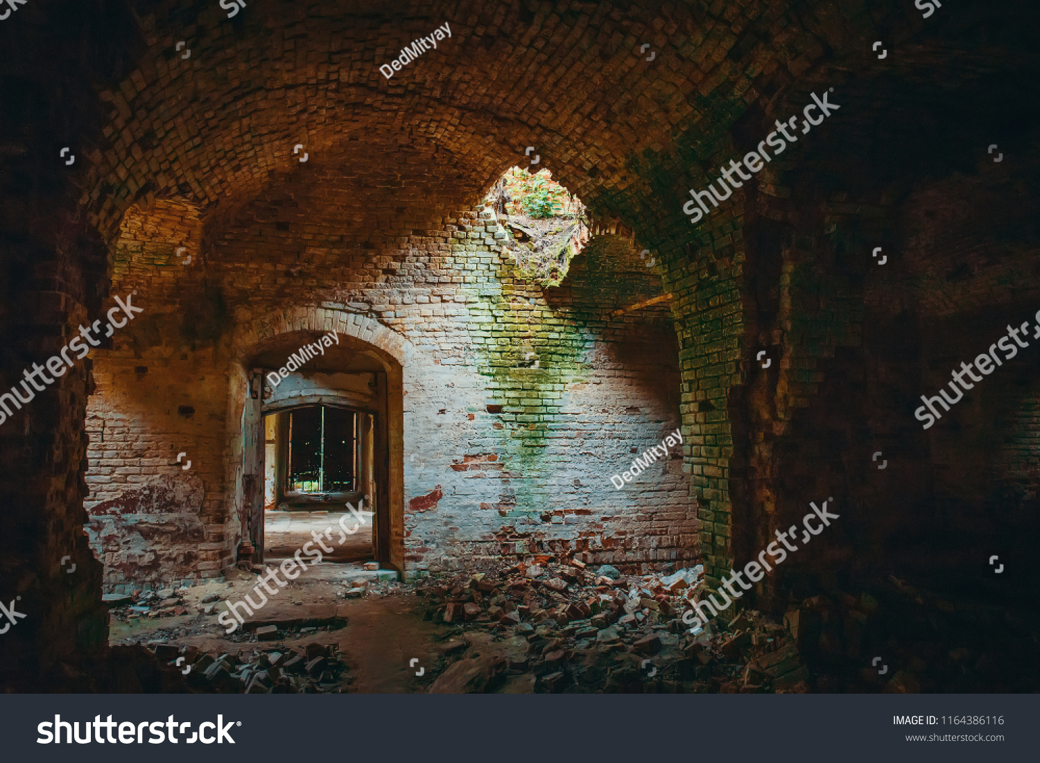 Ruined ancient brick temple inside interior with doors, corridors and arch, vintage toned  #1164386116