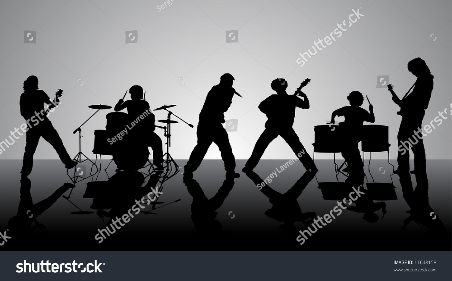Rock band. Silhouettes of six musicians. Vector illustration. #11648158