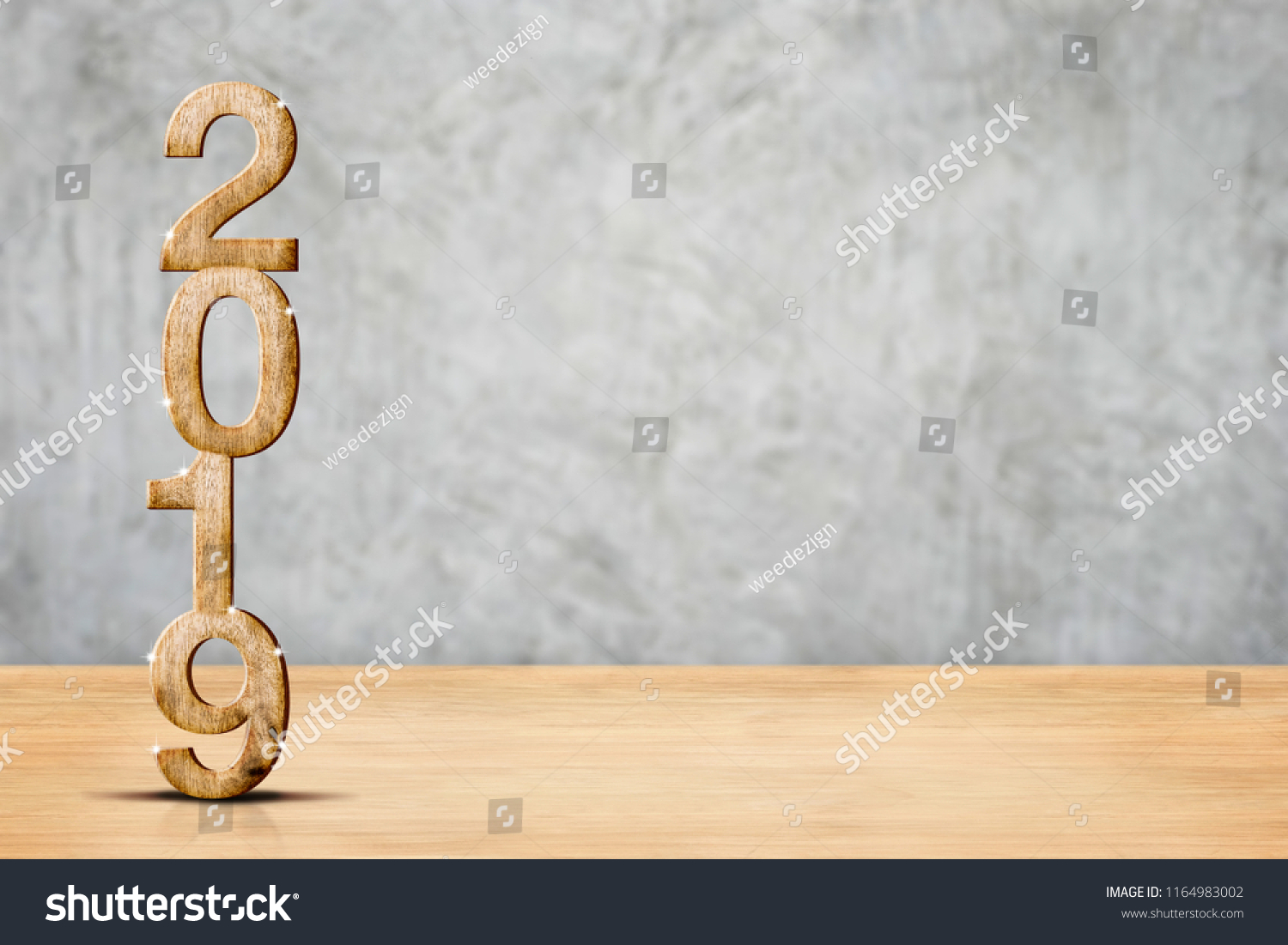 Happy new year 2019 wood (3d rendering) in perspective wood floor and concrete wall room,Holiday concept,Leave space for display of product for advertise promotion.Holiday mock up banner #1164983002