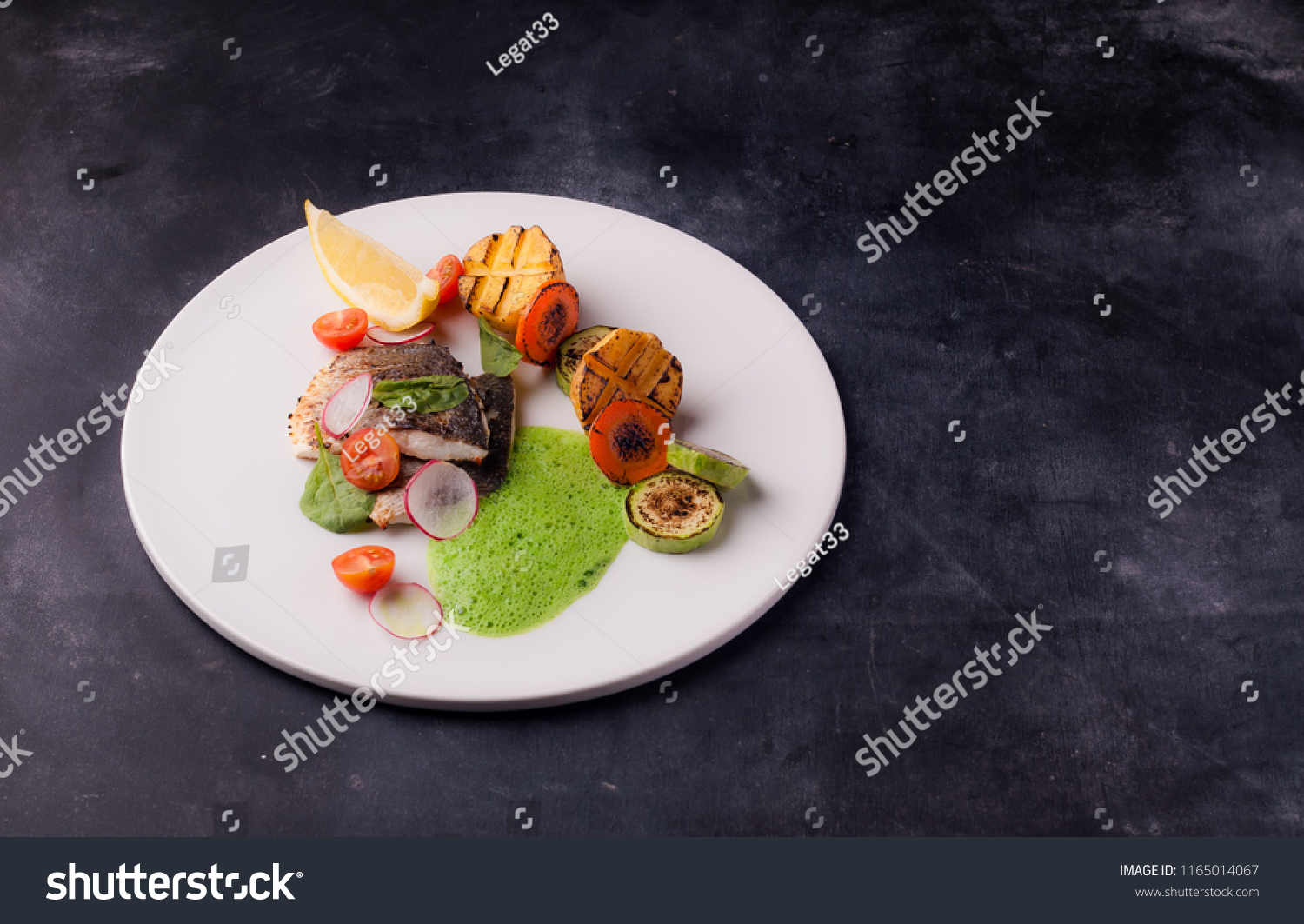 Seabass fillet with vegetables and molecular foam #1165014067