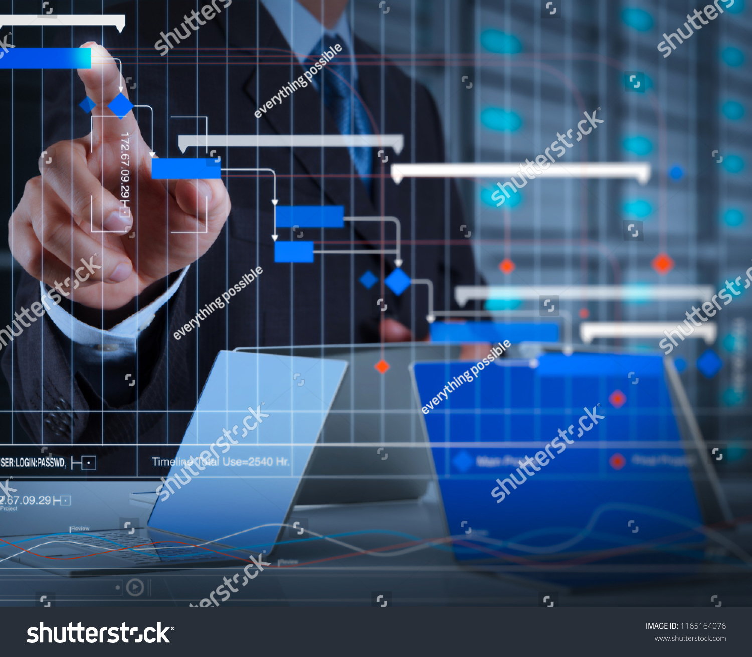 Project manager working and update tasks with milestones progress planning and Gantt chart scheduling virtual diagram.businessman hand pressing a touchscreen button on server background. #1165164076