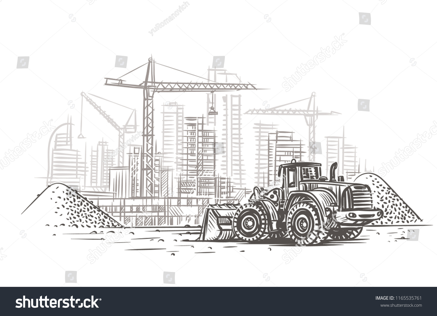 Dozer on construction site sketch. Vector. Layered.
