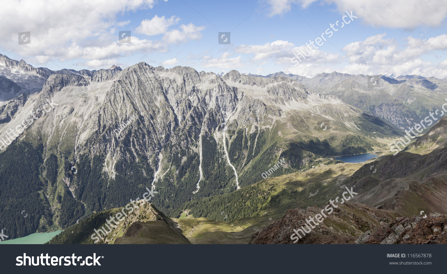 View of beautiful alpine mountain range  with high peaks, valley and lakes at the border of Austria/Italy. #116567878
