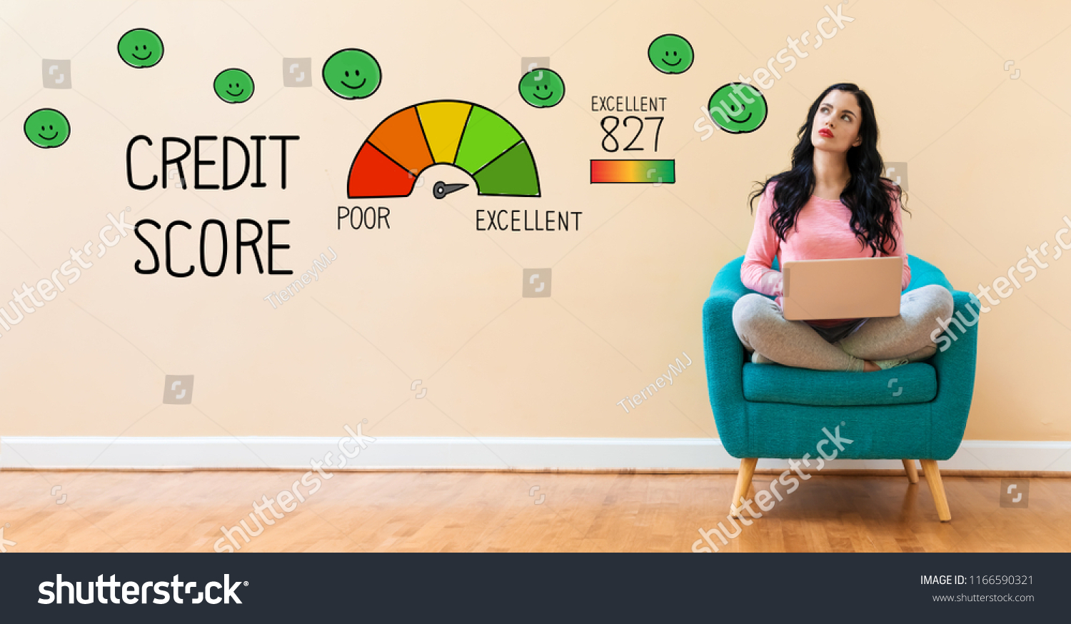 Excellent Credit Score with young woman using a laptop computer  #1166590321