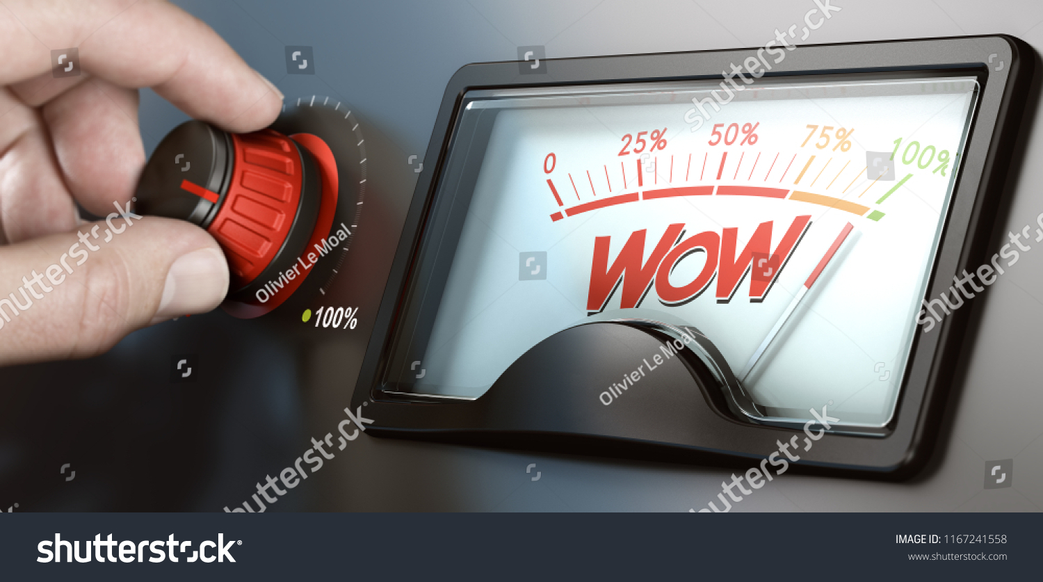 Man turning a knob to improve marketing campaign and the wow factor. Composite image between a hand photography and a 3D background. #1167241558