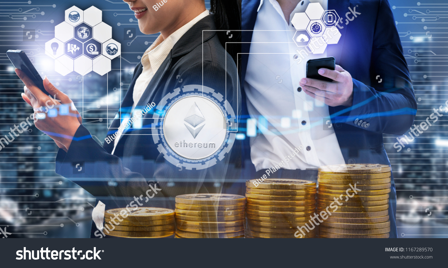 Ethereum and cryptocurrency investing concept - Businessman using mobile phone application to trade Ethereum ETH with another trader in modern graphic interface. Blockchain and financial technology. #1167289570
