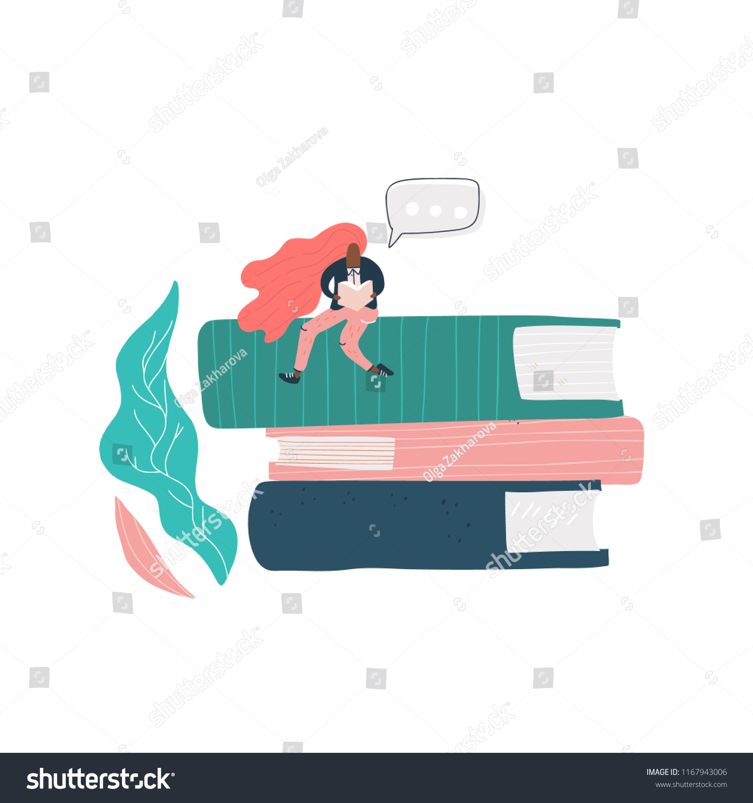 flat vector concept - girl sitting on the books, - Royalty Free Stock ...