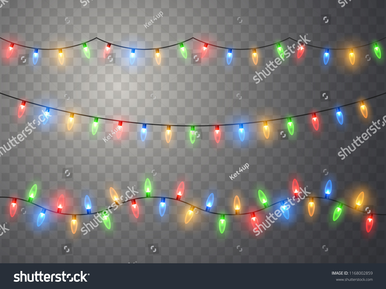 Christmas lights. Colorful Xmas garland. Vector red, yellow, blue and green glow light bulbs on wire strings isolated. #1168002859
