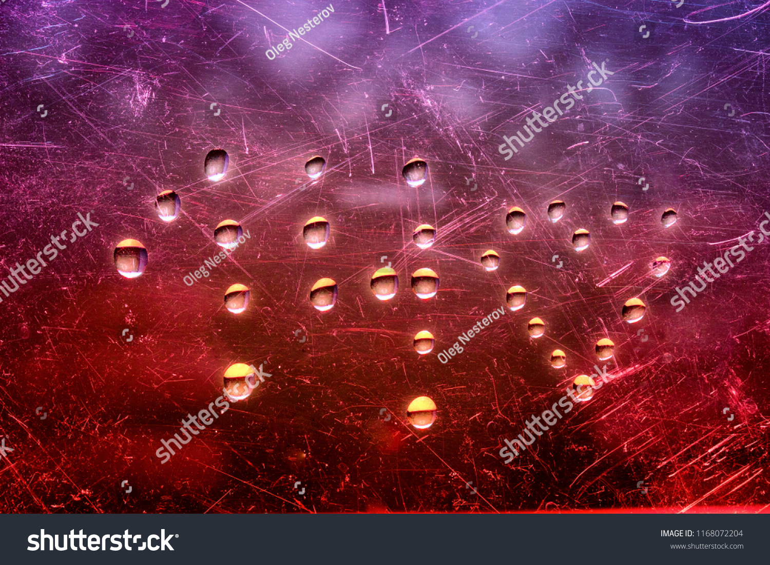 figure fourteen and a heart of shiny drops of water on a fantastic multicolored background with scratches #1168072204