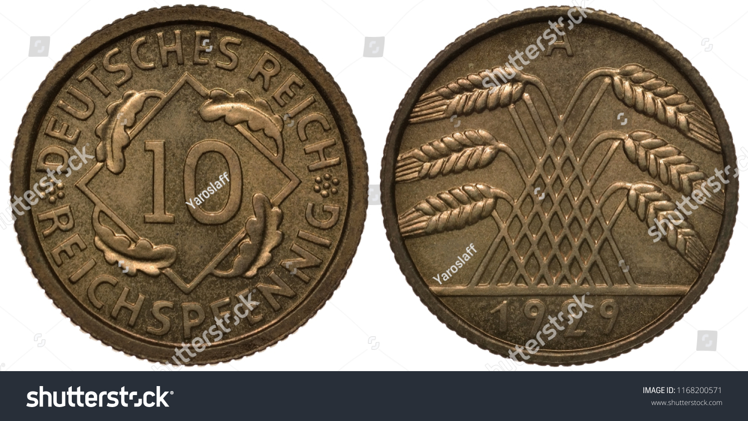 Germany German coin 10 ten reichspfennig 1929, digits of value within rhombus flanked by oak leaves, pyramid of grain stalks, date below, #1168200571