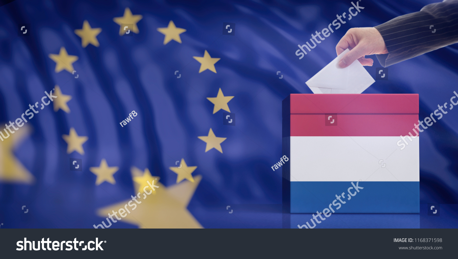 Elections in Netherlands for EU parliament. Hand inserting an envelope in a Dutch flag ballot box on European Union flag background. 3d illustration #1168371598