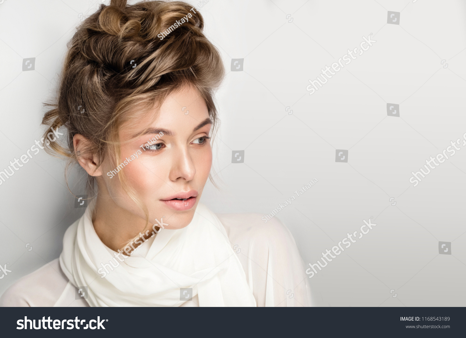 woman portrait beautiful natural make up perfect undo and messy hair, pink color  #1168543189