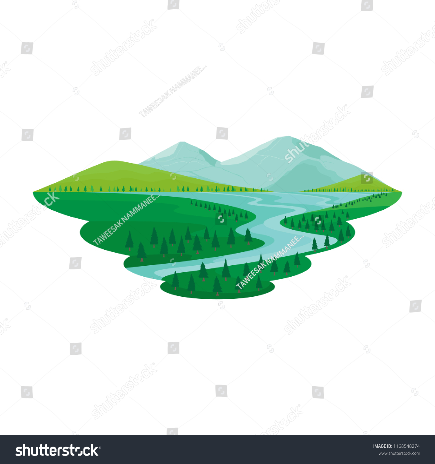 Lake and River Pine Forest Mountain View Landscape Vector