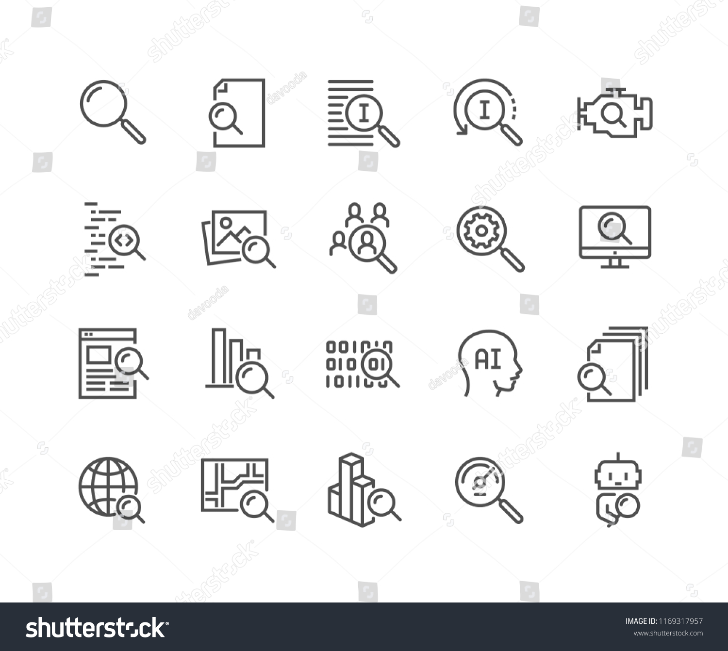 Simple Set of Search Related Vector Line Icons. Contains such Icons as Reverse Indexation, Search Bot, Artificial Intelligence and more. Editable Stroke. 48x48 Pixel Perfect. #1169317957