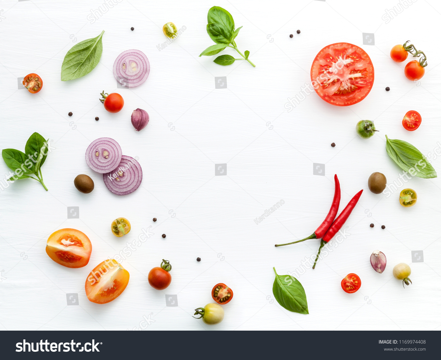 The ingredients for homemade pizza on white wooden background. #1169974408