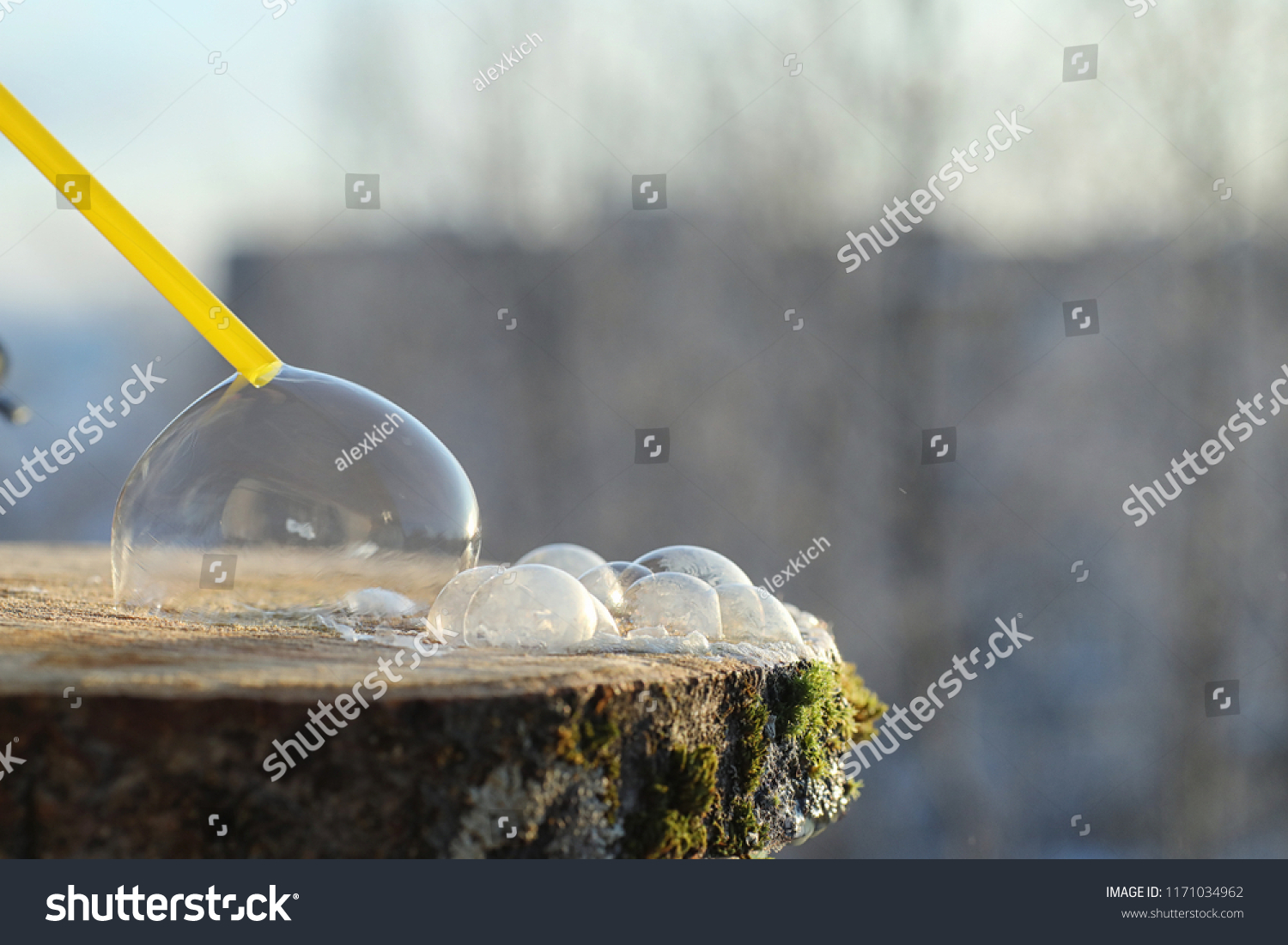 Soap bubbles freeze in the cold. Winter soapy water freezes in air.
 #1171034962