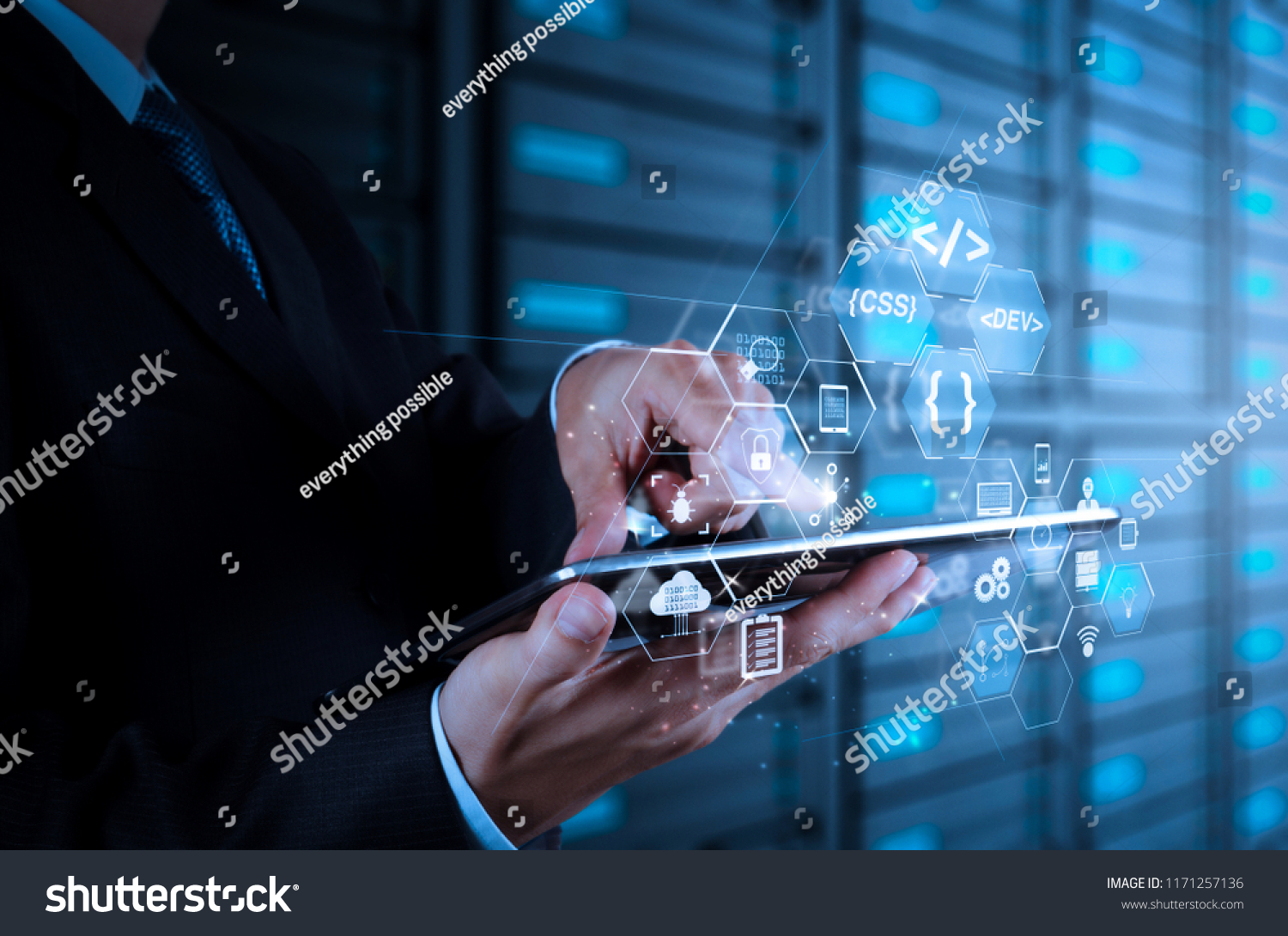 Coding software developer work with augmented reality dashboard computer icons of scrum agile development and code fork and versioning with responsive cybersecurity.businessman hand using tablet #1171257136
