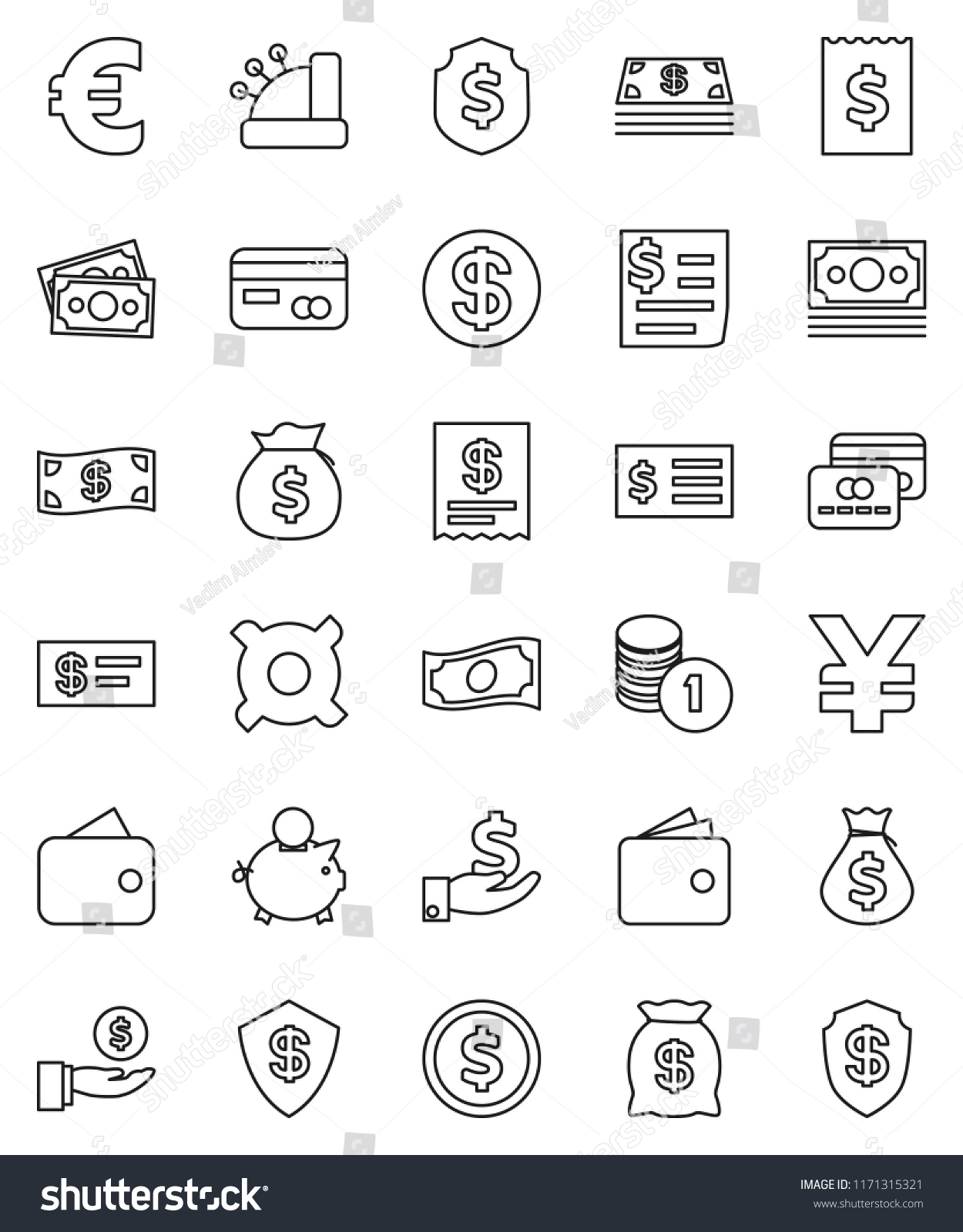 thin line vector icon set - dollar coin vector, wallet, cash, money bag, piggy bank, investment, stack, receipt, shield, any currency, euro sign, yen, credit card, cashbox, check #1171315321