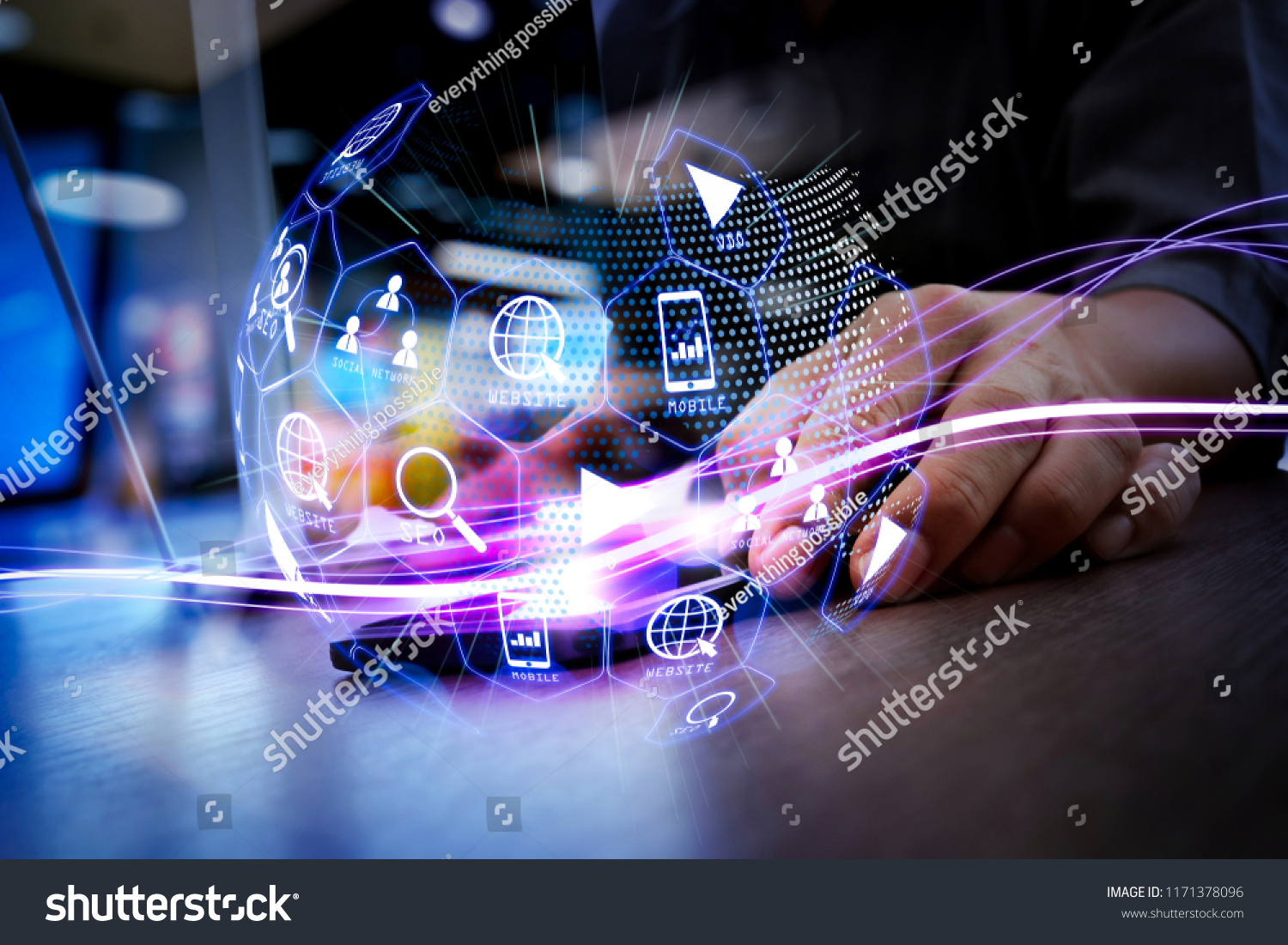 Digital marketing media (website ad, email, social network, SEO, video, mobile app) in virtual globe shape diagram.Waves of blue light and businessman using on smartphone as concept #1171378096