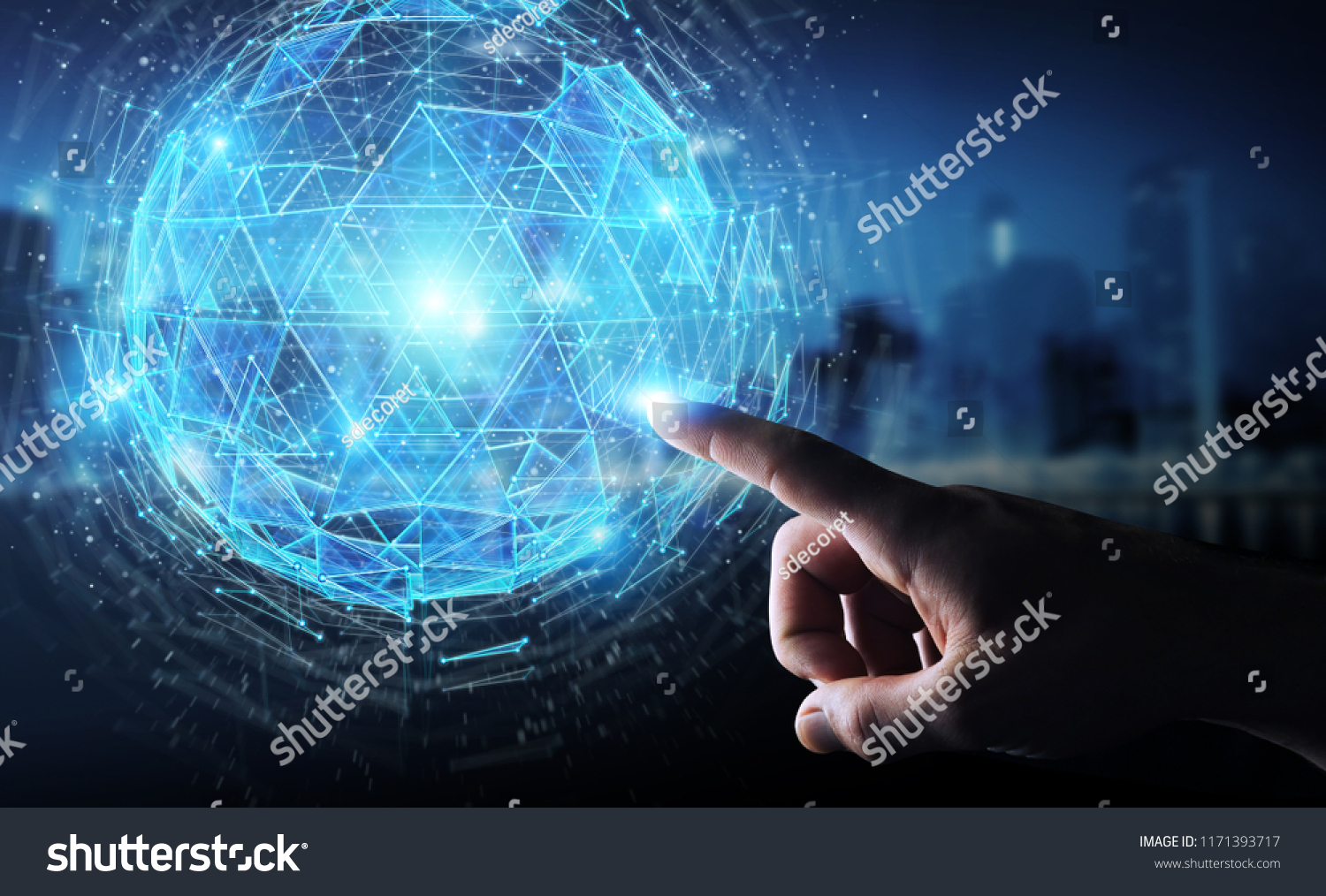 Businessman on blurred background using digital triangle exploding sphere hologram 3D rendering #1171393717
