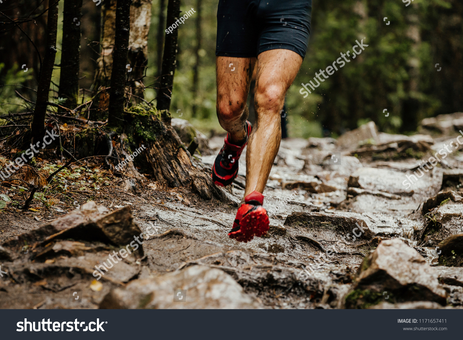 wet feet runner athlete running on trail stones in forest #1171657411