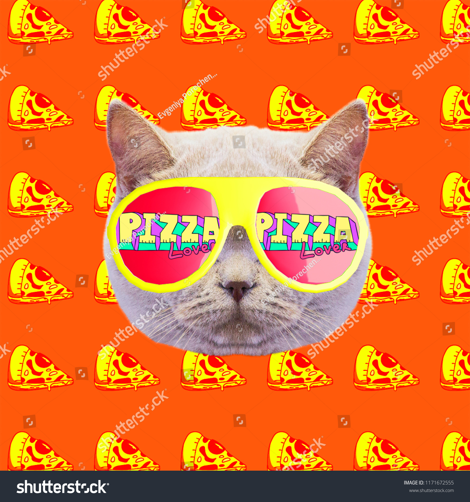 Cat pizza lover mood. Contemporary art collage. Funny Fast food project #1171672555