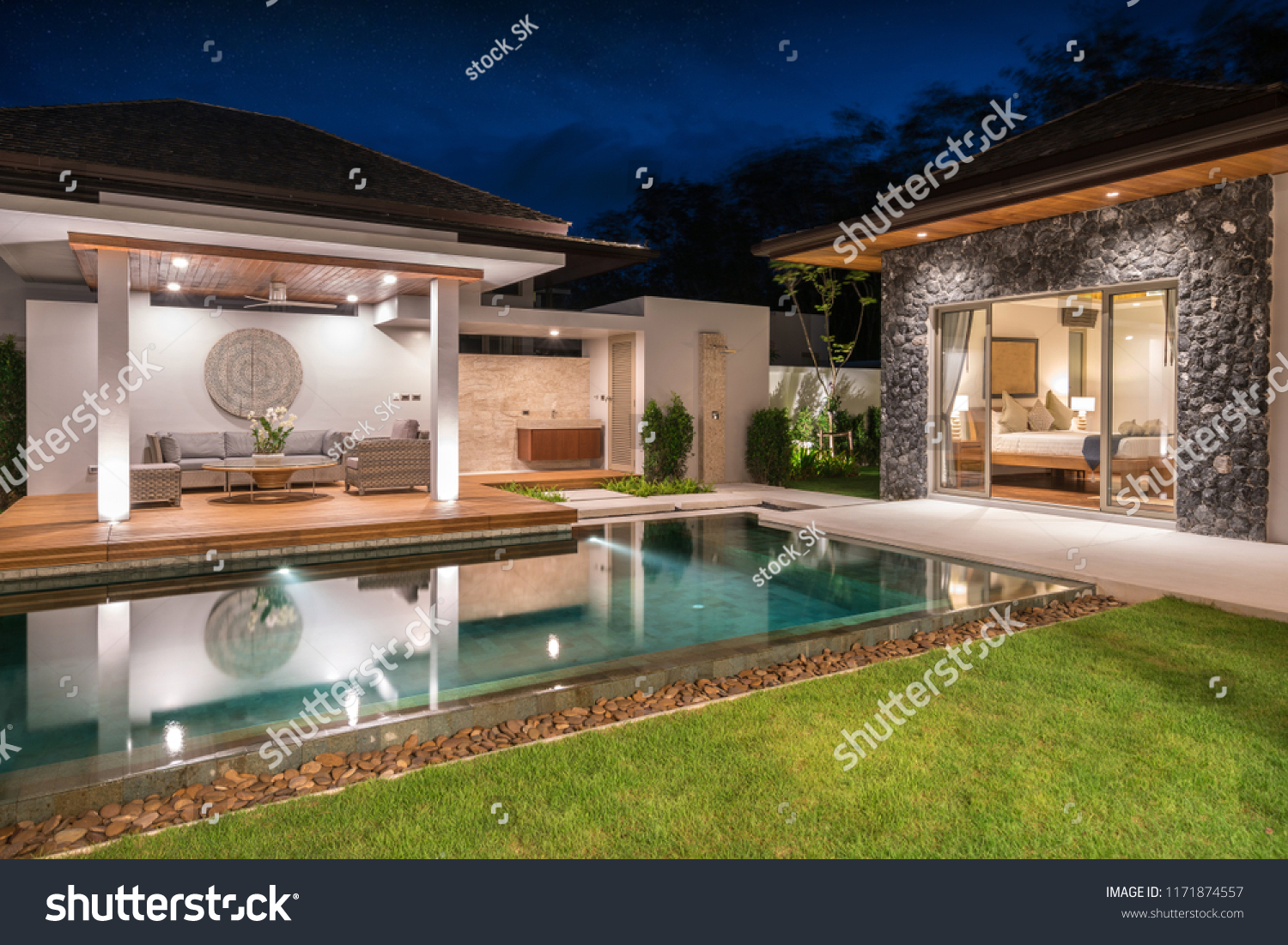 real estate Interior and exterior design pavilion of pool villa with swimming pool ,home, house , night time  ,building #1171874557