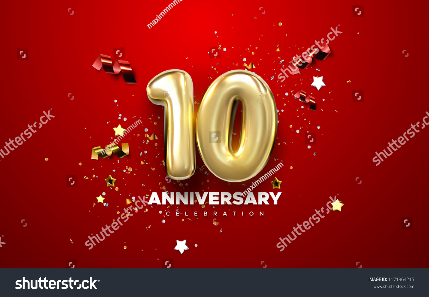 10th Anniversary celebration. Golden numbers with sparkling confetti, stars, glitters and streamer ribbons. Vector festive illustration. Realistic 3d sign. Party event decoration #1171964215