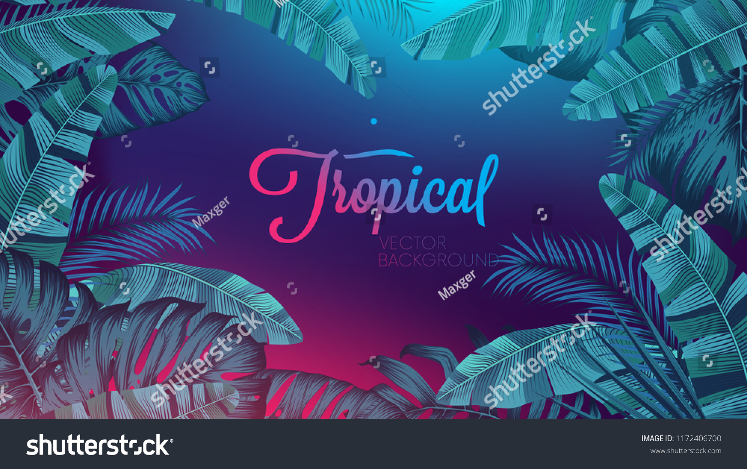 Red blue neon light, trendy background with tropical vector plant and leaf #1172406700