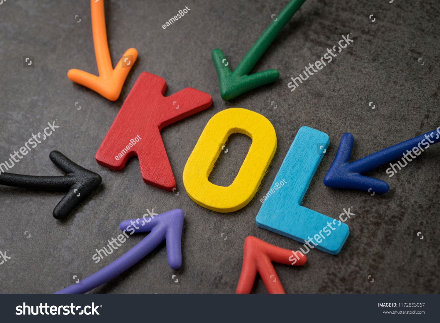 KOL abbreviation of Key Opinion Leader, influencer concept, colorful arrows pointing to the word KOL at the center of black cement wall, new social media marketing in digital world. #1172853067