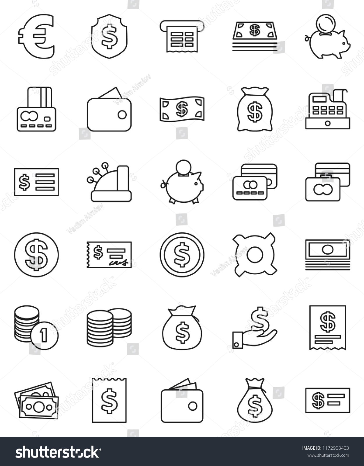 thin line vector icon set - dollar coin vector, credit card, wallet, cash, money bag, piggy bank, investment, stack, check, receipt, shield, any currency, euro sign, cashbox #1172958403