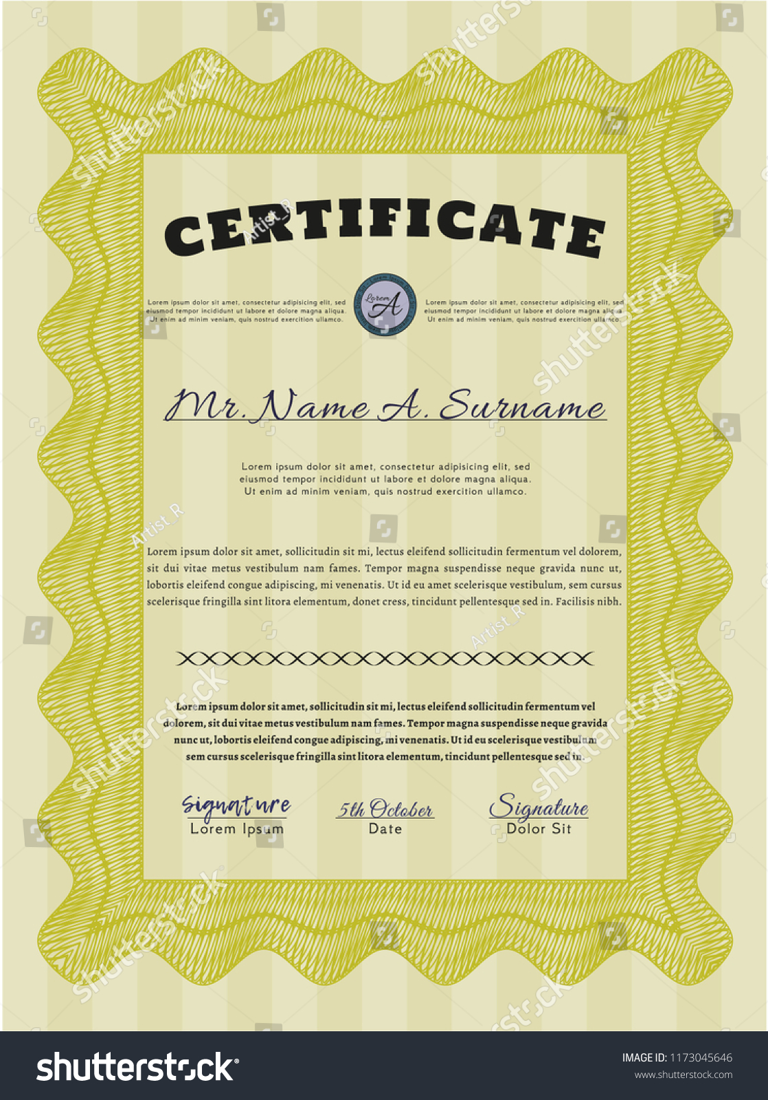 Yellow Certificate or diploma template. Modern design. Vector illustration. With linear background.  #1173045646