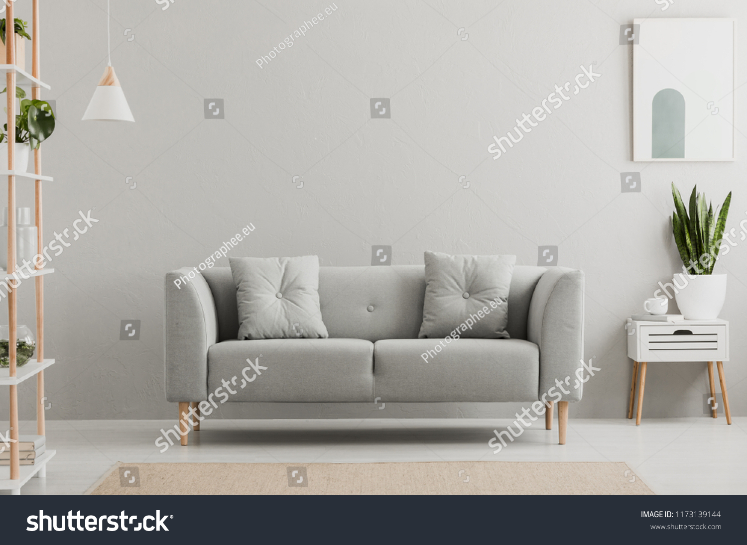 Poster above white cabinet with plant next to grey sofa in simple living room interior. Real photo #1173139144