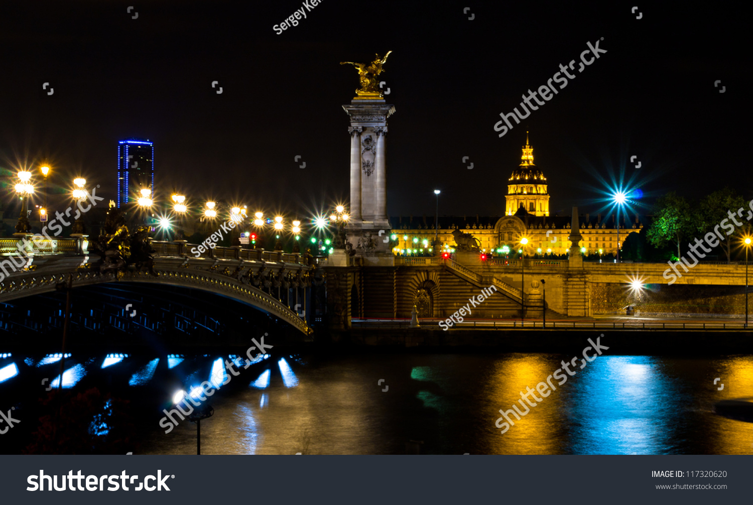 The Alexander III bridge and the dome of the Invalides at night - Paris, France #117320620