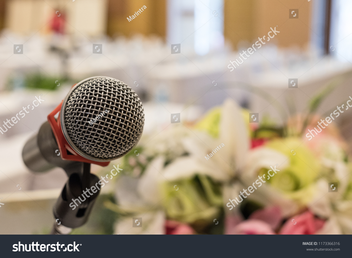 Microphone on the stage in the ballroom. It is for lecturer, presenters, speakers in meetings, seminars or training. #1173366316