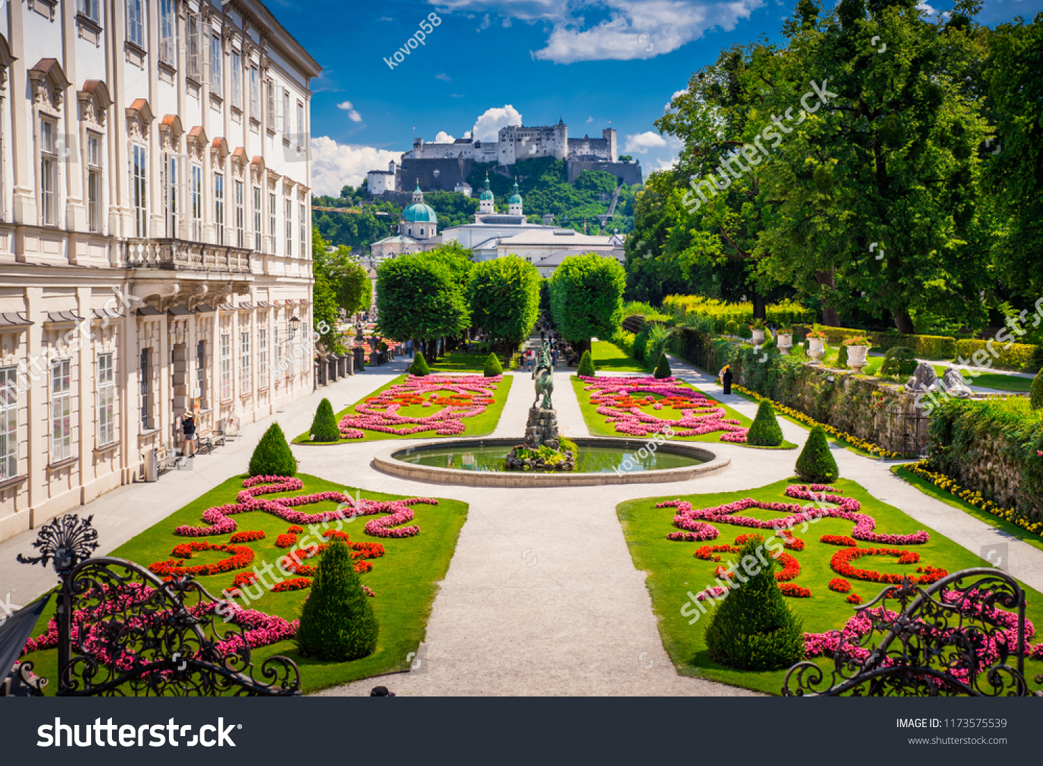 Mirabell Palace and Gardens in Summer, Salzburg castle in background #1173575539