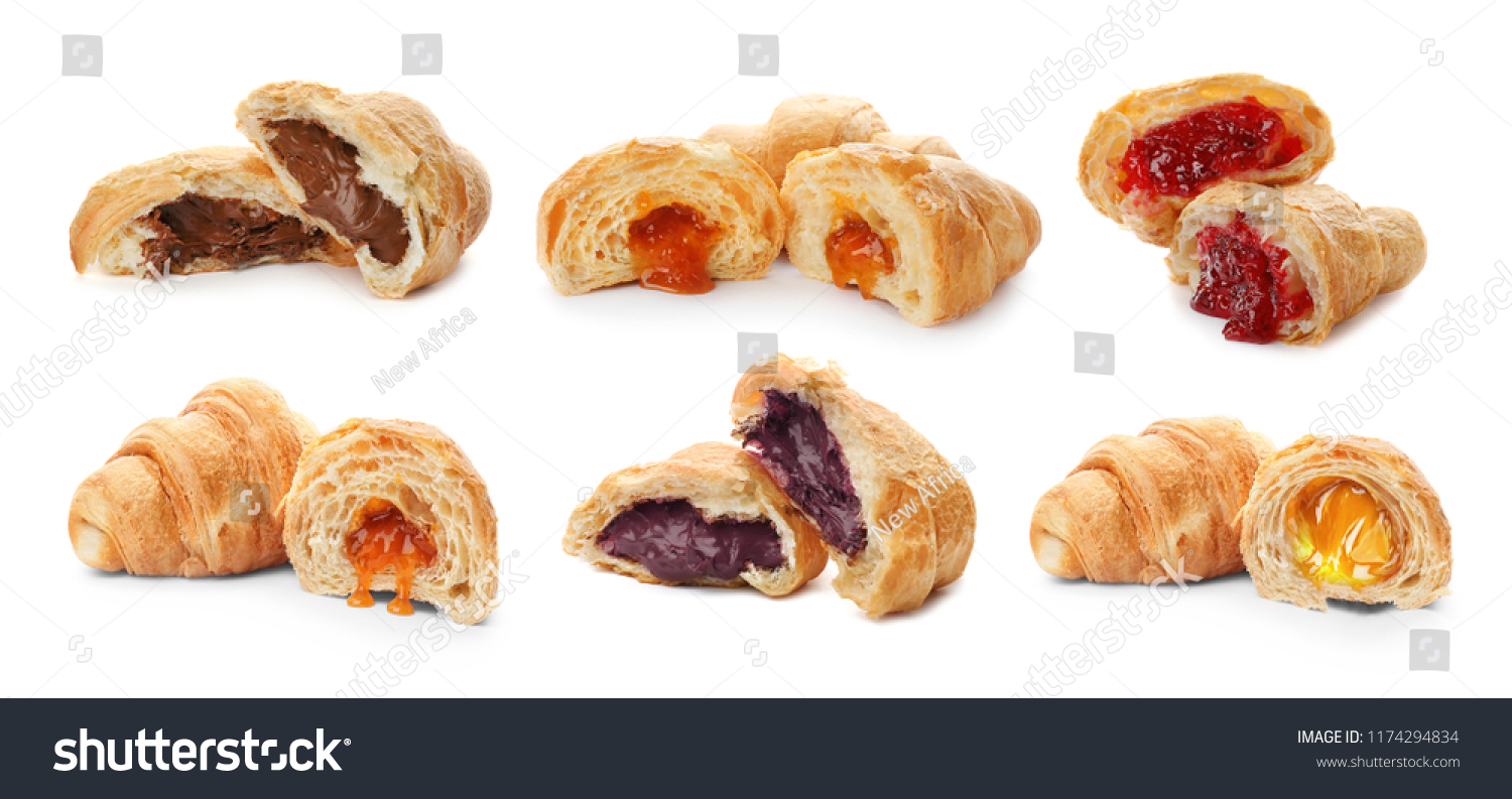 Set with fresh tasty croissants and different fillings on white background #1174294834