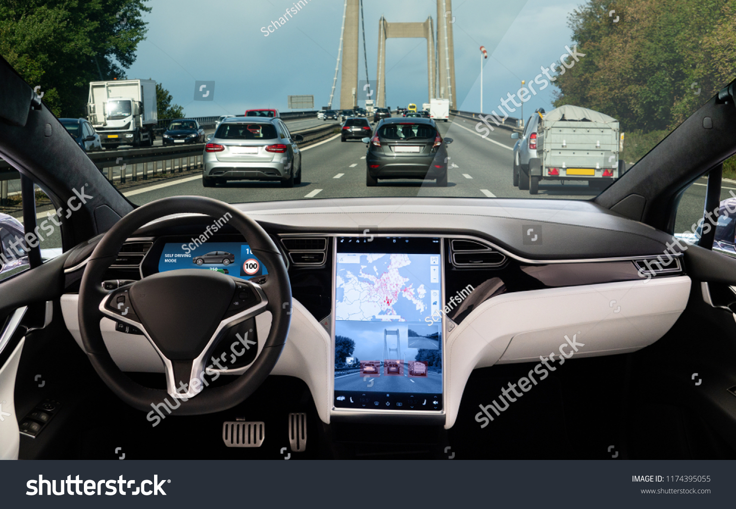 Self driving car on a road. Autonomous vehicle. Inside view. #1174395055
