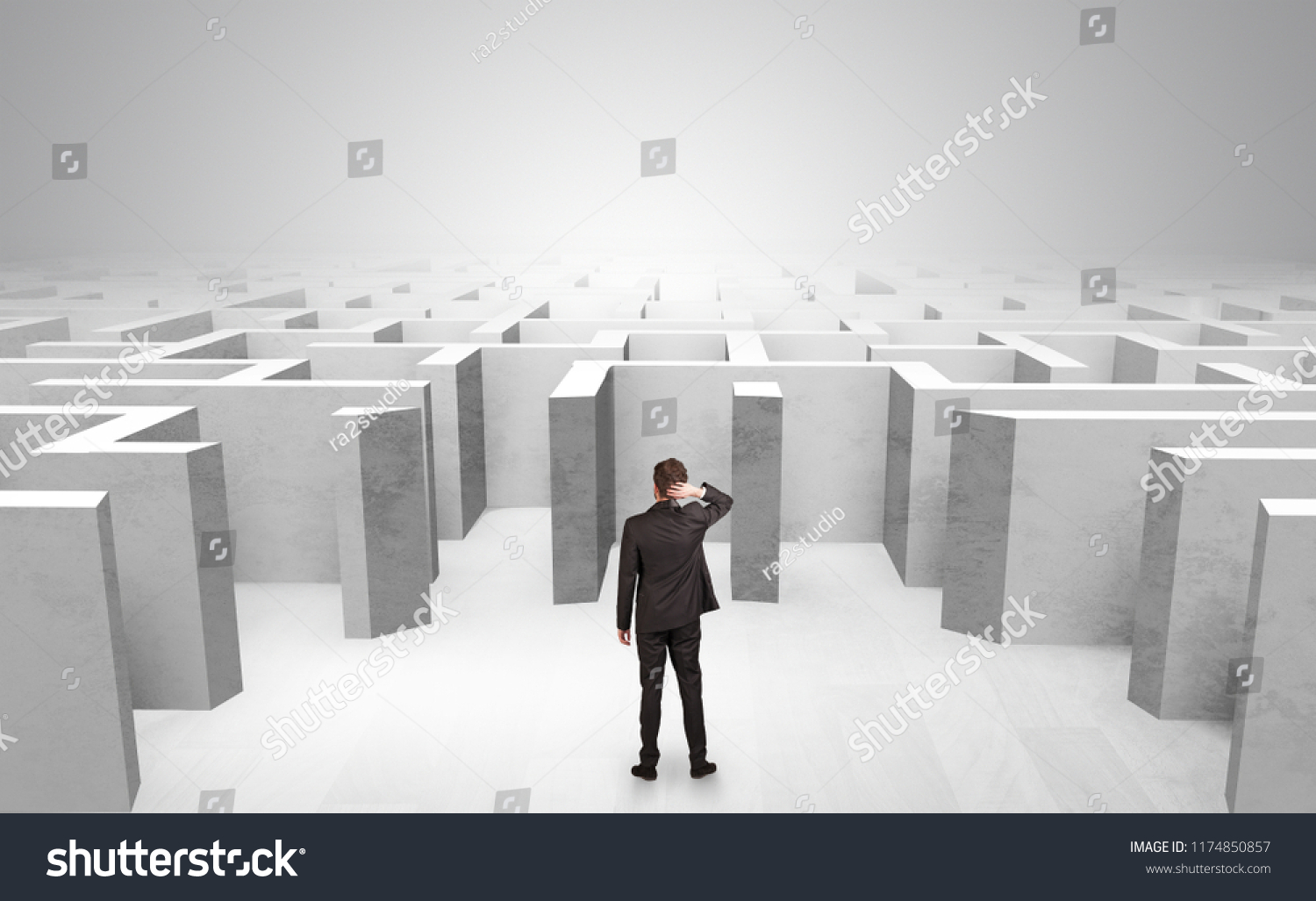 Businessman choosing between entrances in a middle of a maze #1174850857
