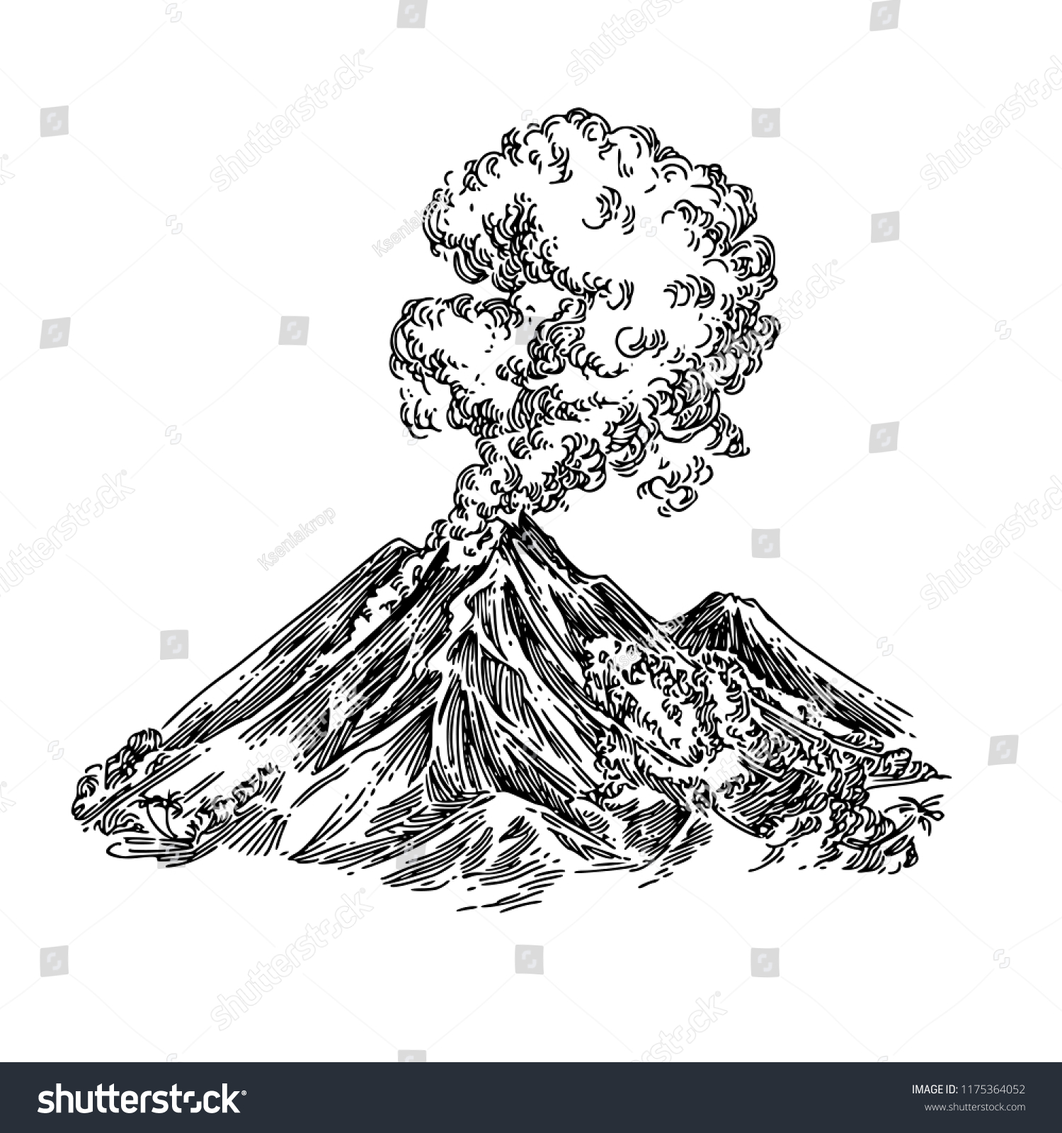 Eruption volcano. Sketch. Engraving style. Vector illustration. #1175364052